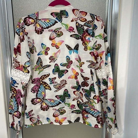 Tory Burch Women’s White Cotton Butterfly V-neck Long Sleeve Blouse - Picture 12 of 16